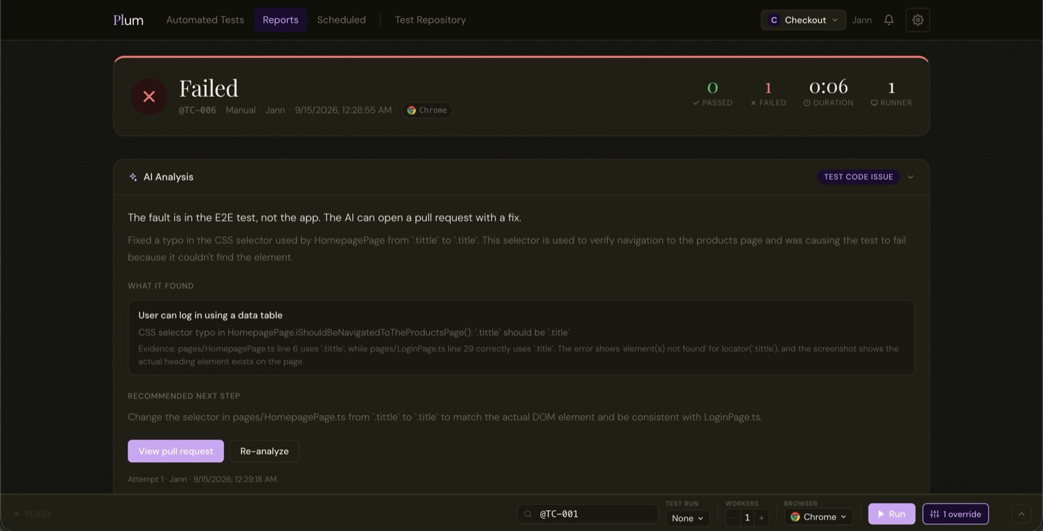 Plum AI Analysis card diagnosing a test-code bug with a View pull request button