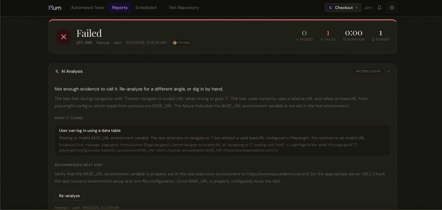 Plum AI Analysis card showing an inconclusive verdict with findings and a recommended next step