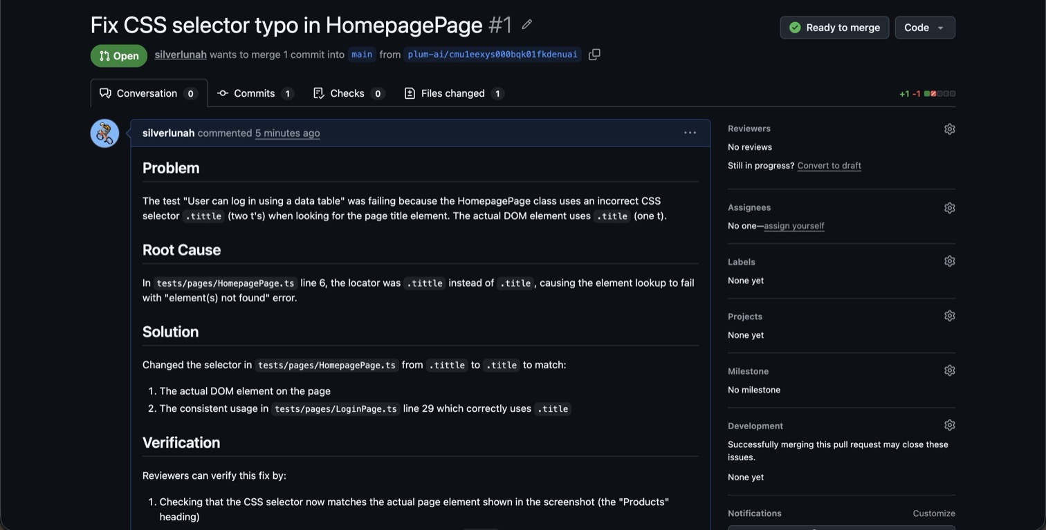 A real GitHub pull request opened by Plum's AI agent, describing the problem, root cause and fix