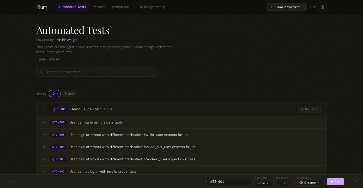 Plum Automated Tests page for a Playwright project, listing a suite's spec tests