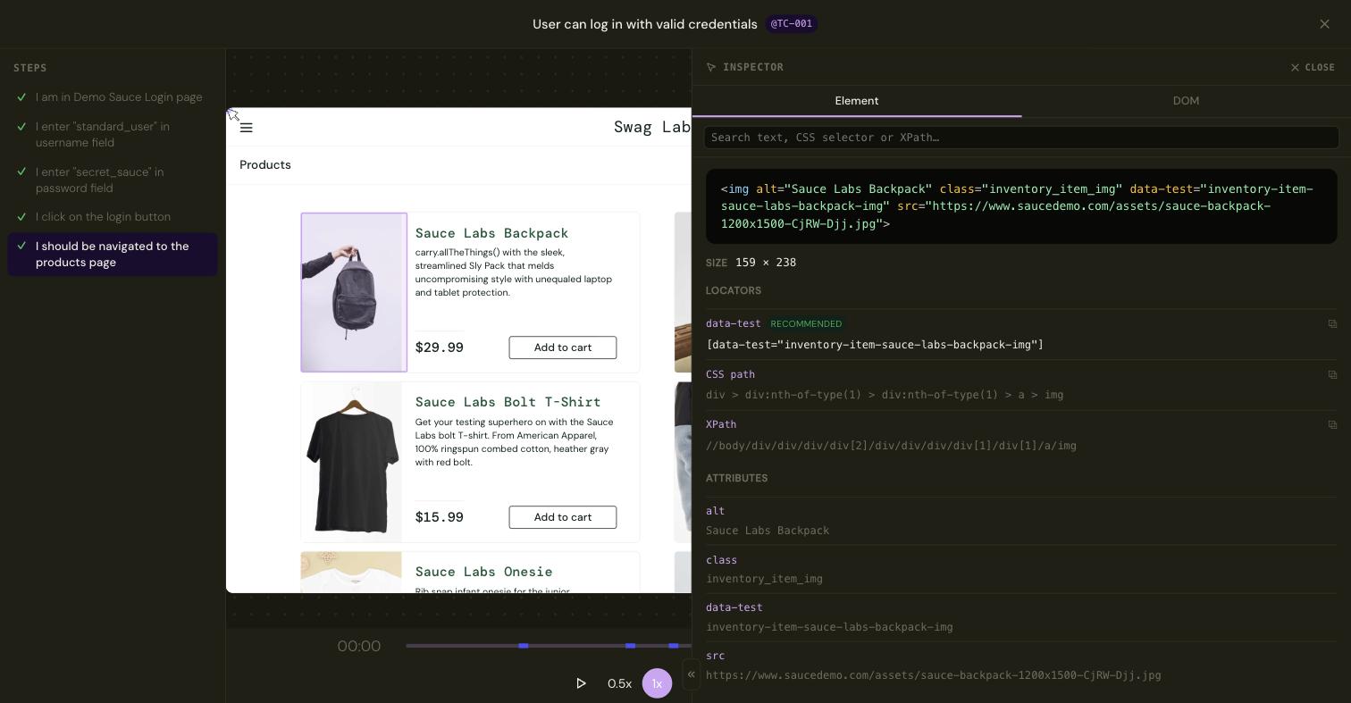 Plum element inspector listing ranked locators for a clicked element, with data-test marked recommended