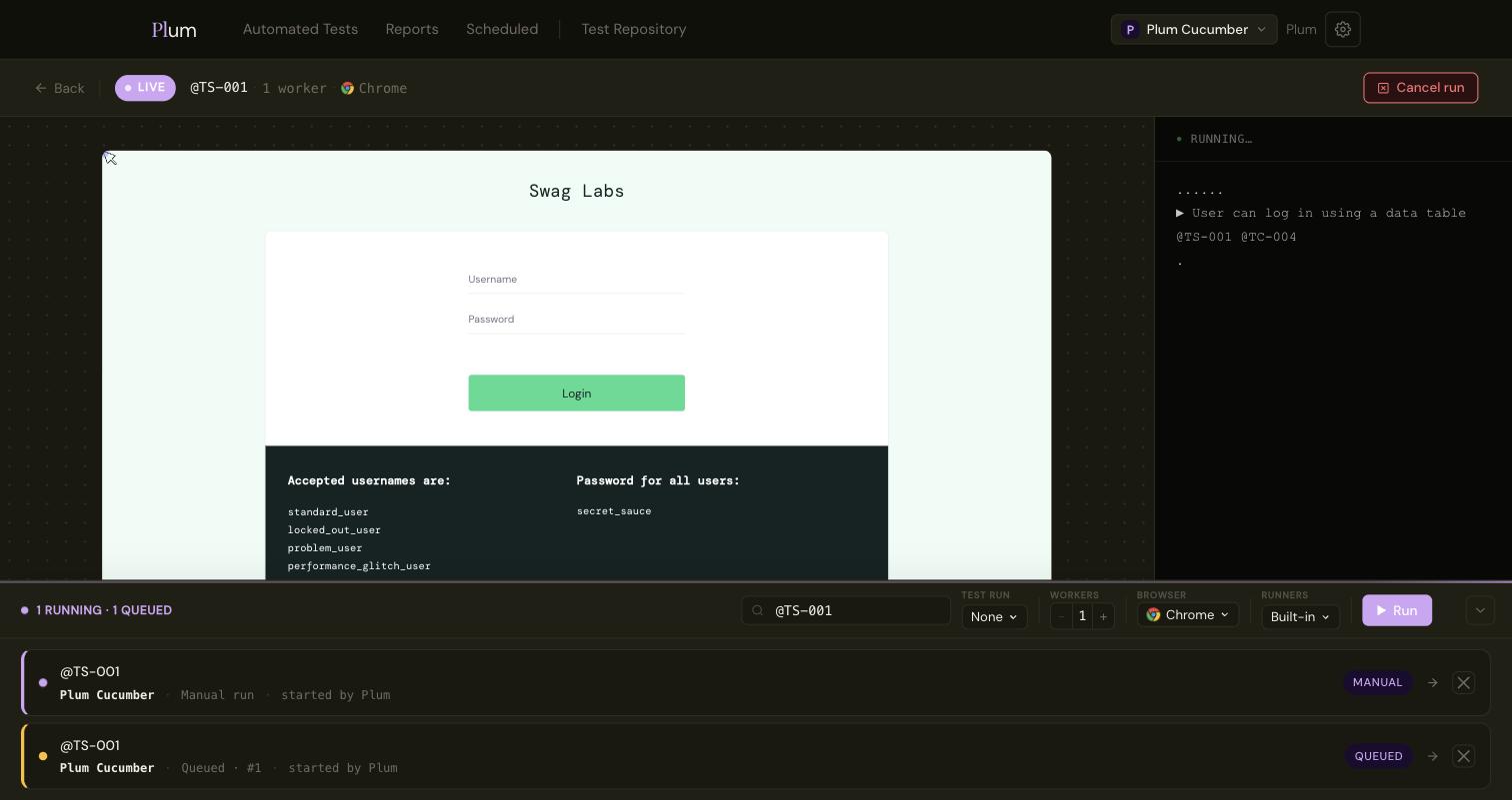 Plum live run page streaming the browser viewport next to live test output