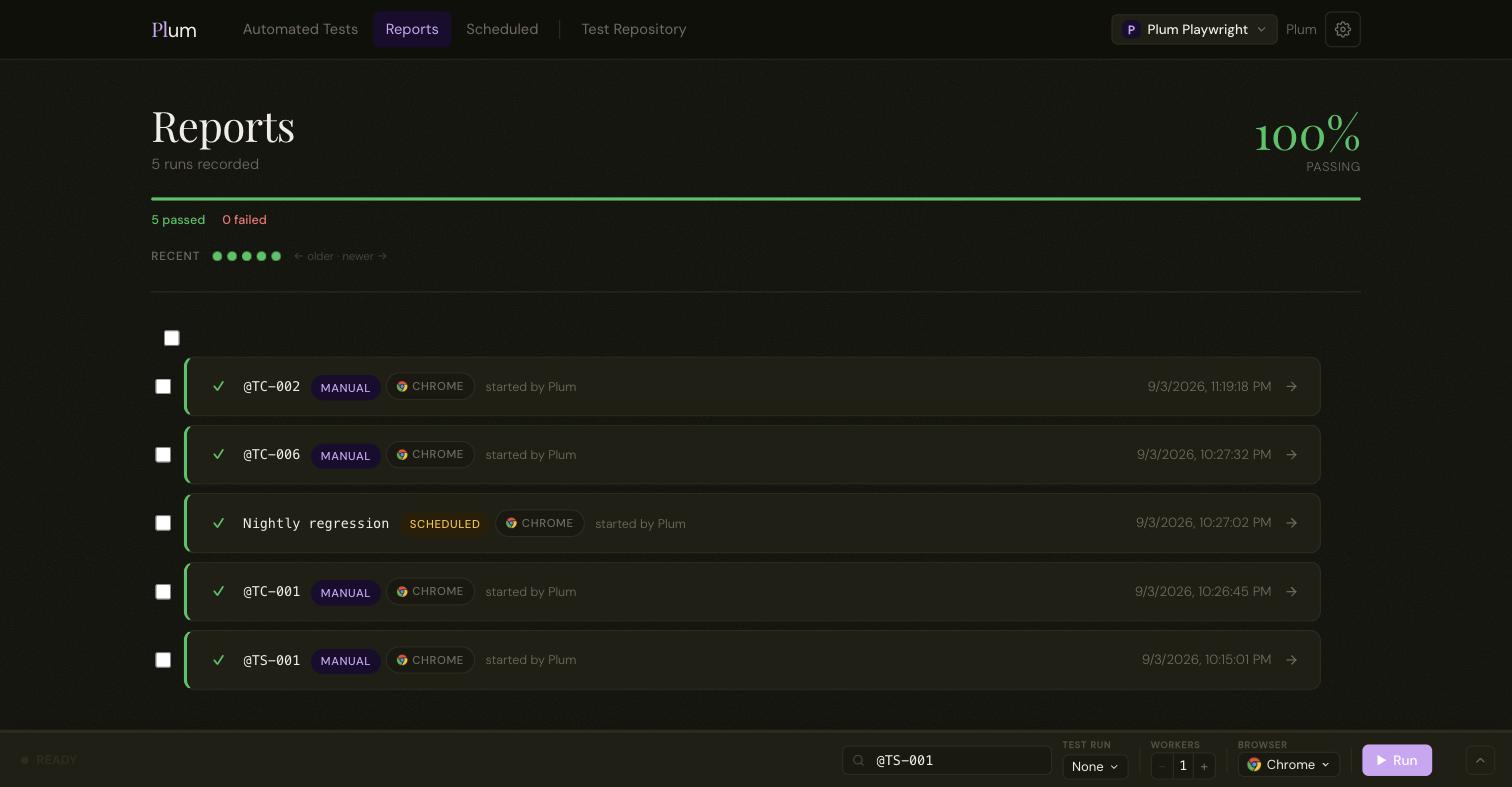 Plum reports list showing run history and an overall pass rate