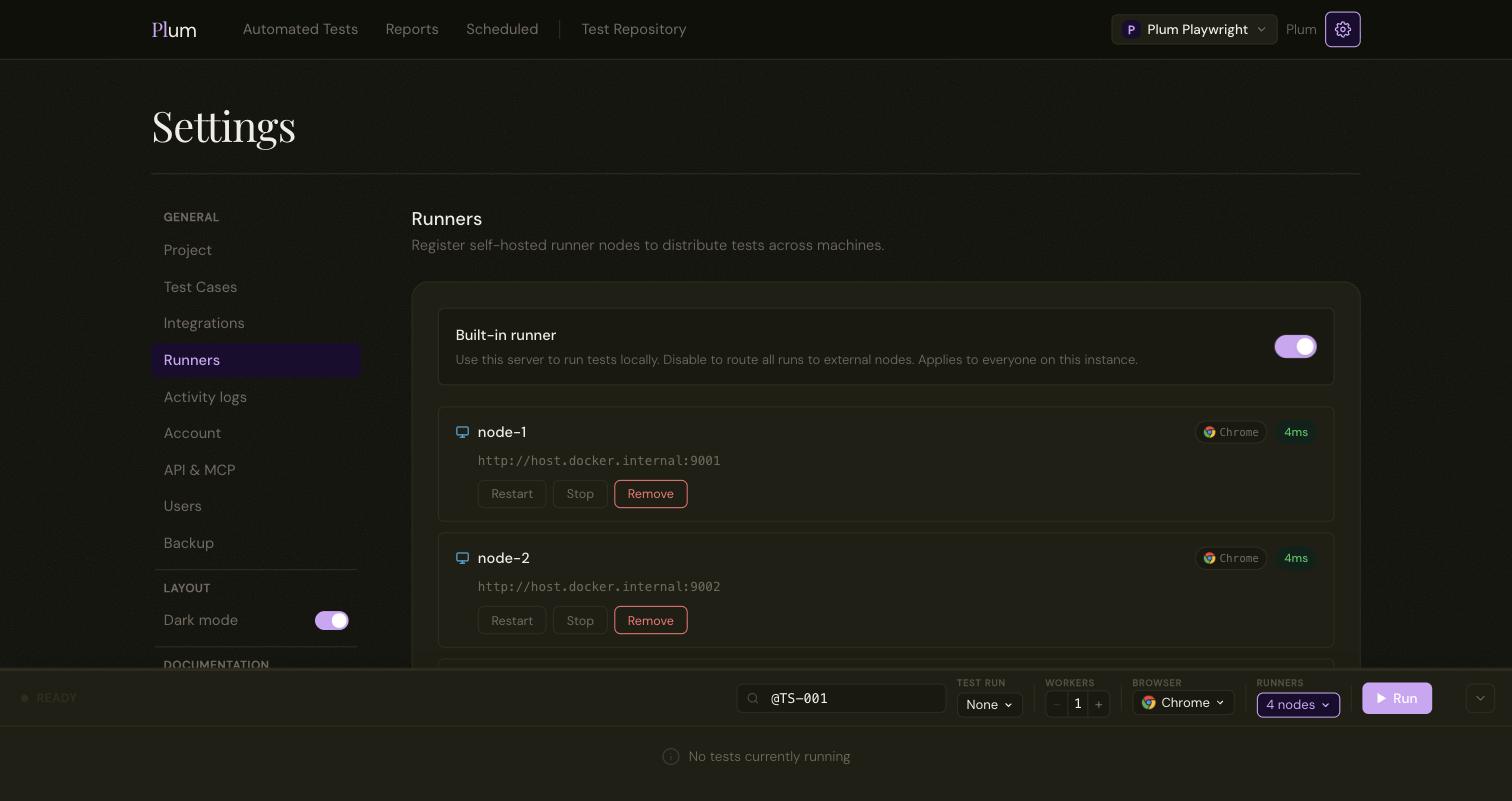 Plum runners settings showing a registered node with latency and controls