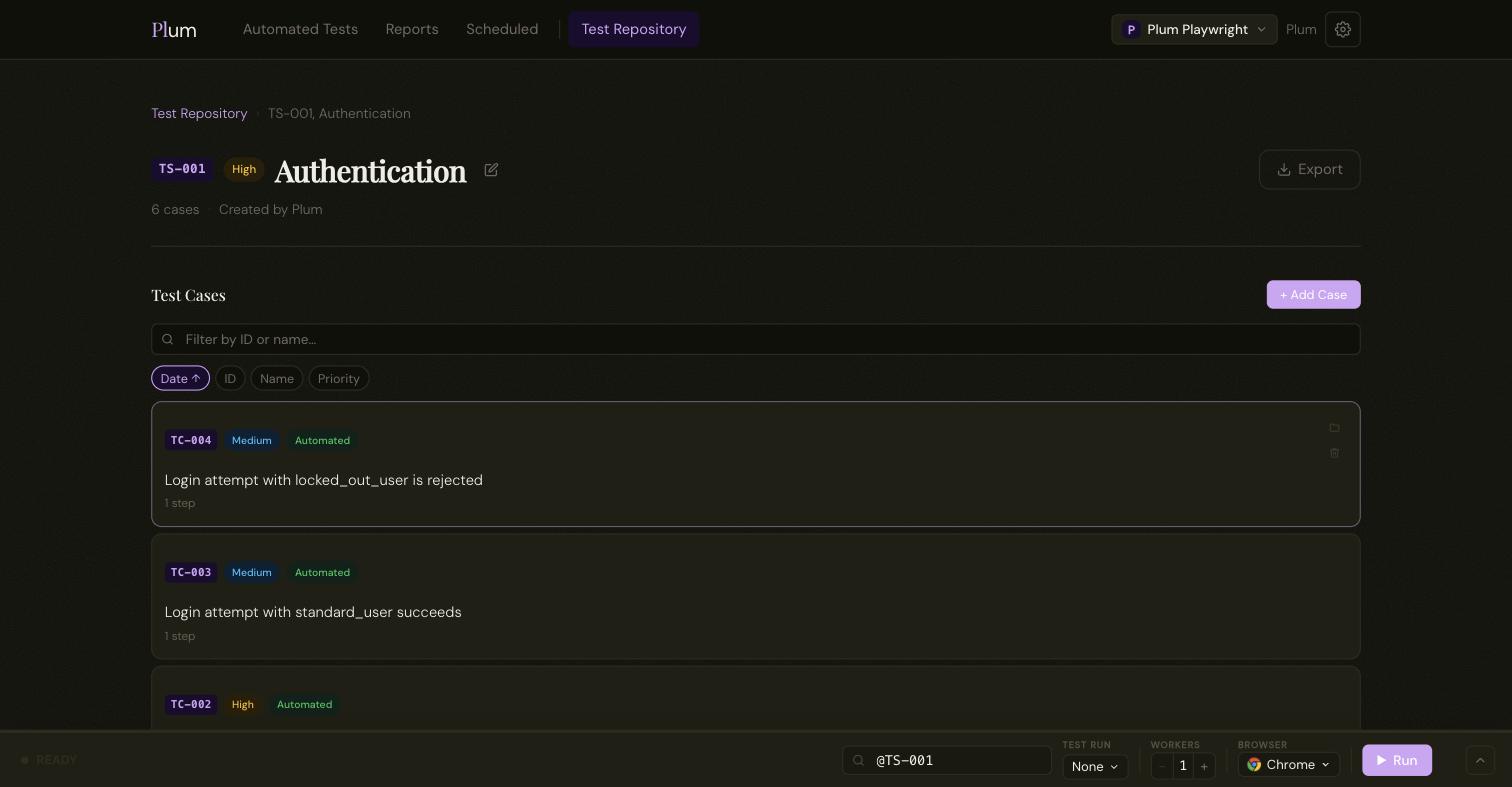 A Plum suite detail page listing its test cases, some marked automated