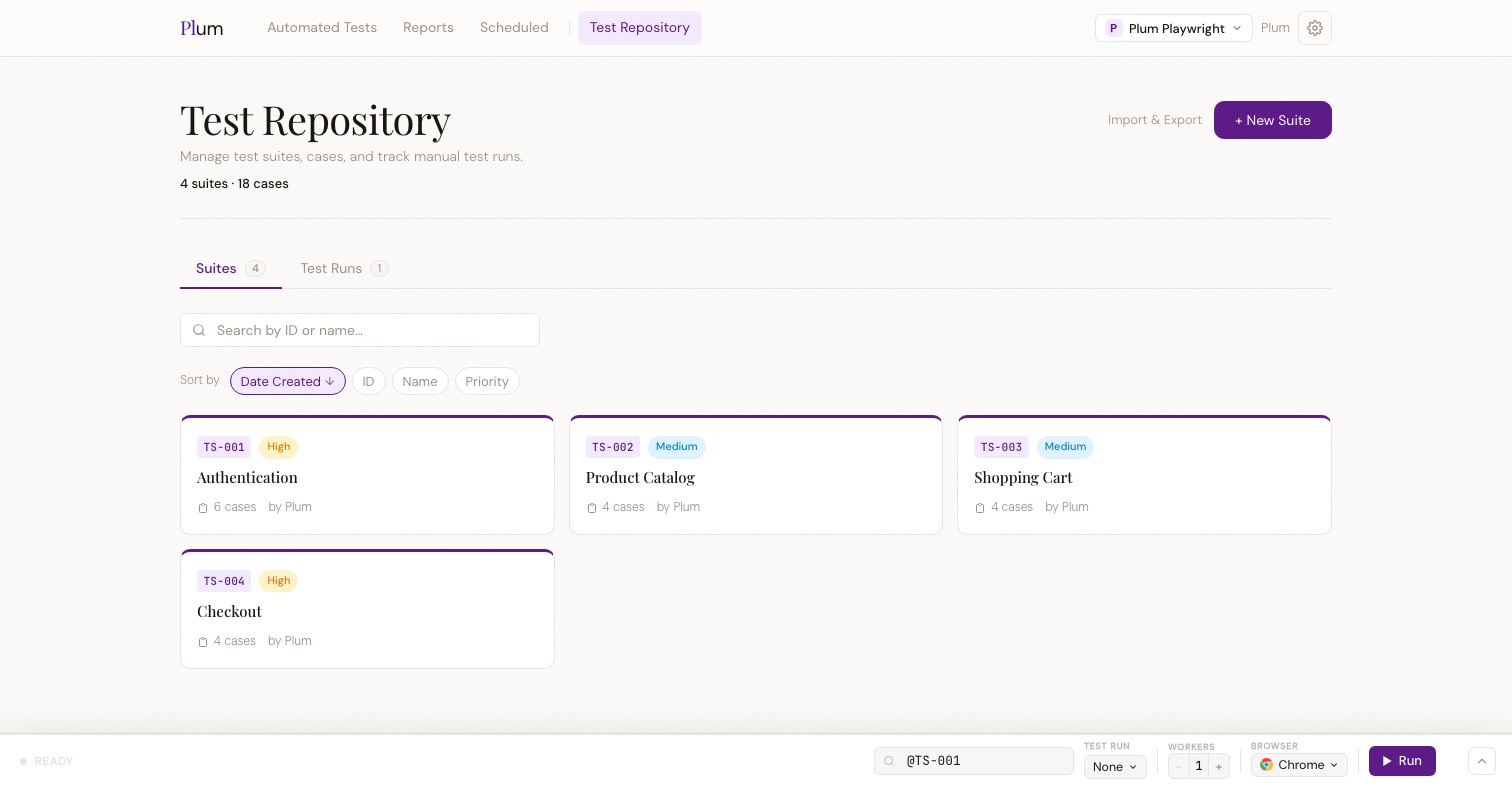 Plum Test Repository page shown in light mode