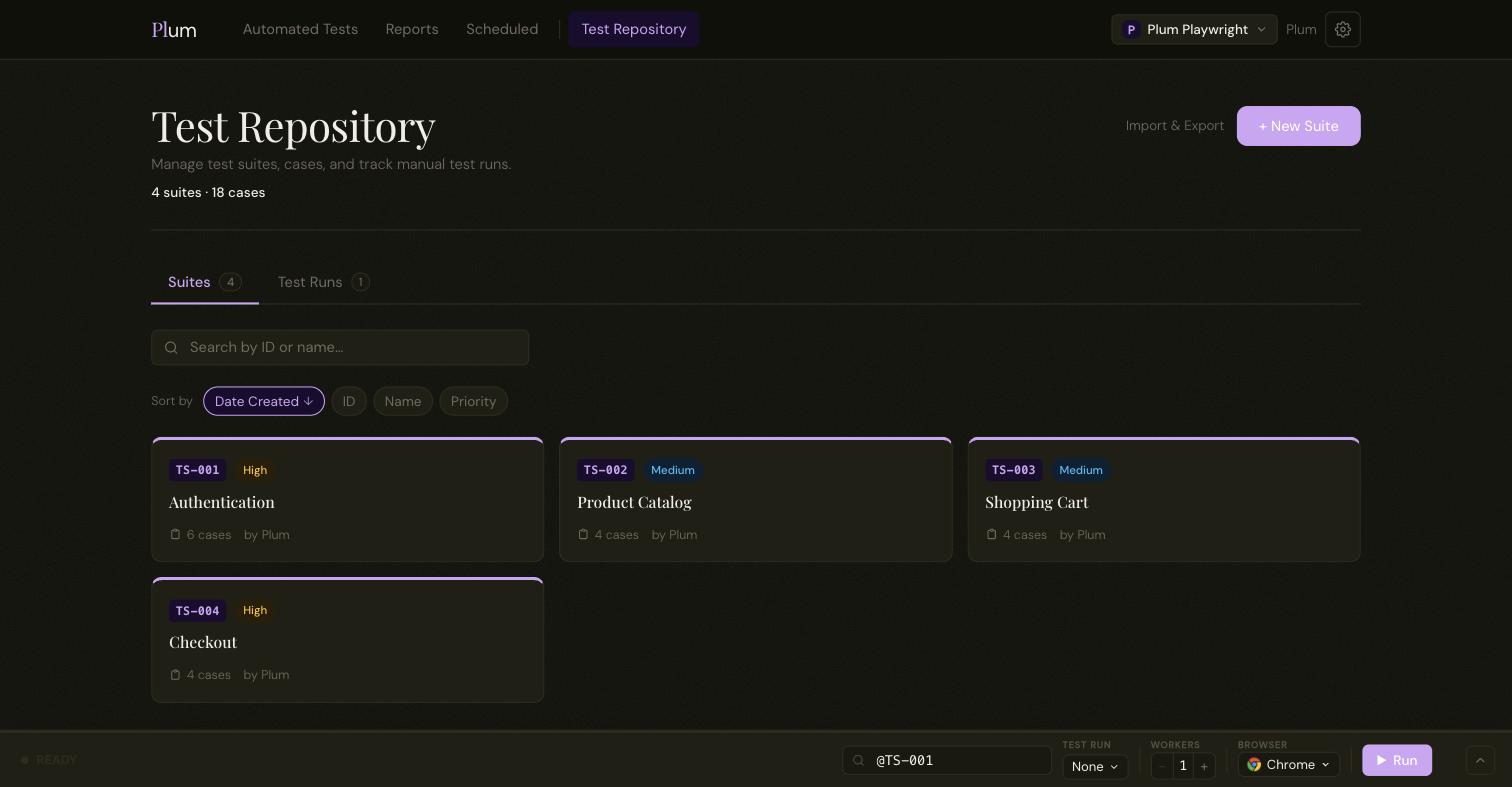 Plum Test Repository showing a grid of test suites with IDs, priority and case counts